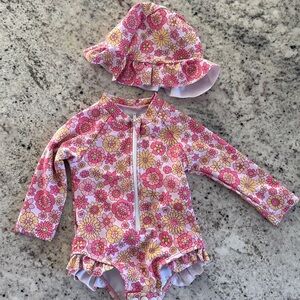 NWOT Pink and Yellow Baby Swimsuit with Hat